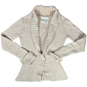 Kenji Womens Small Cream Shawl Collar Knit Cotton‎ Blend Cardigan Sweater